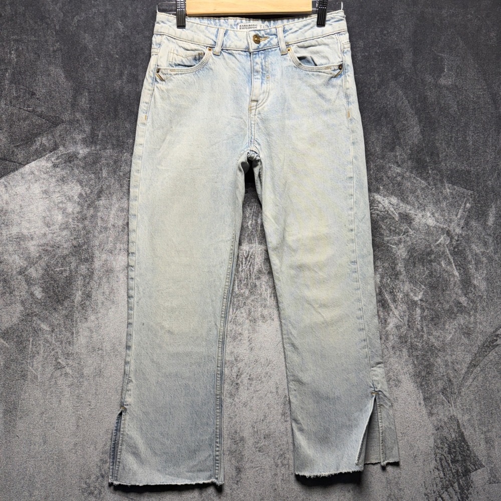 Zara Jeans Light Wash Straight 28 Waist Side Slit Raw Hem Denim